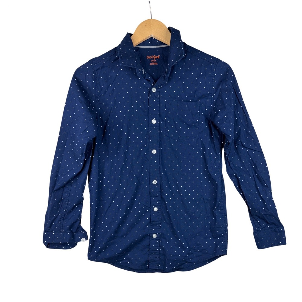 Cat & Jack Dotted Long Sleeve Button Down Shirt size Large (12/14) Blue/White